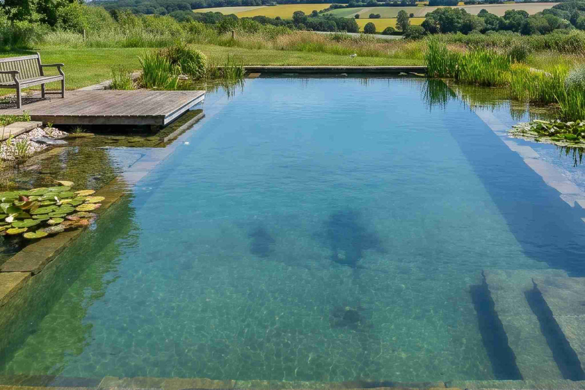 natural swimming pool with bench and deck in countryside