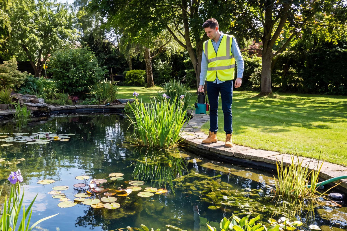 Pond pump being lowered into pond in garden
