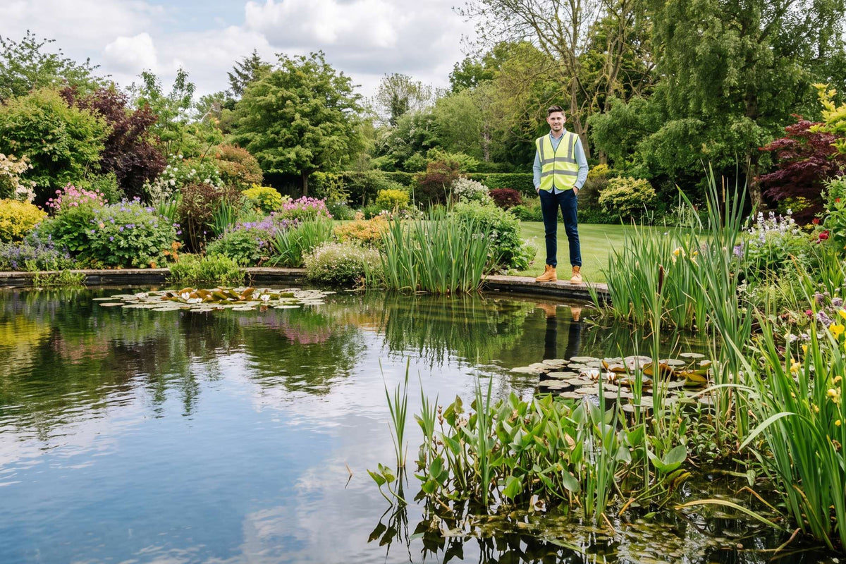 engineer looking at pond in garden