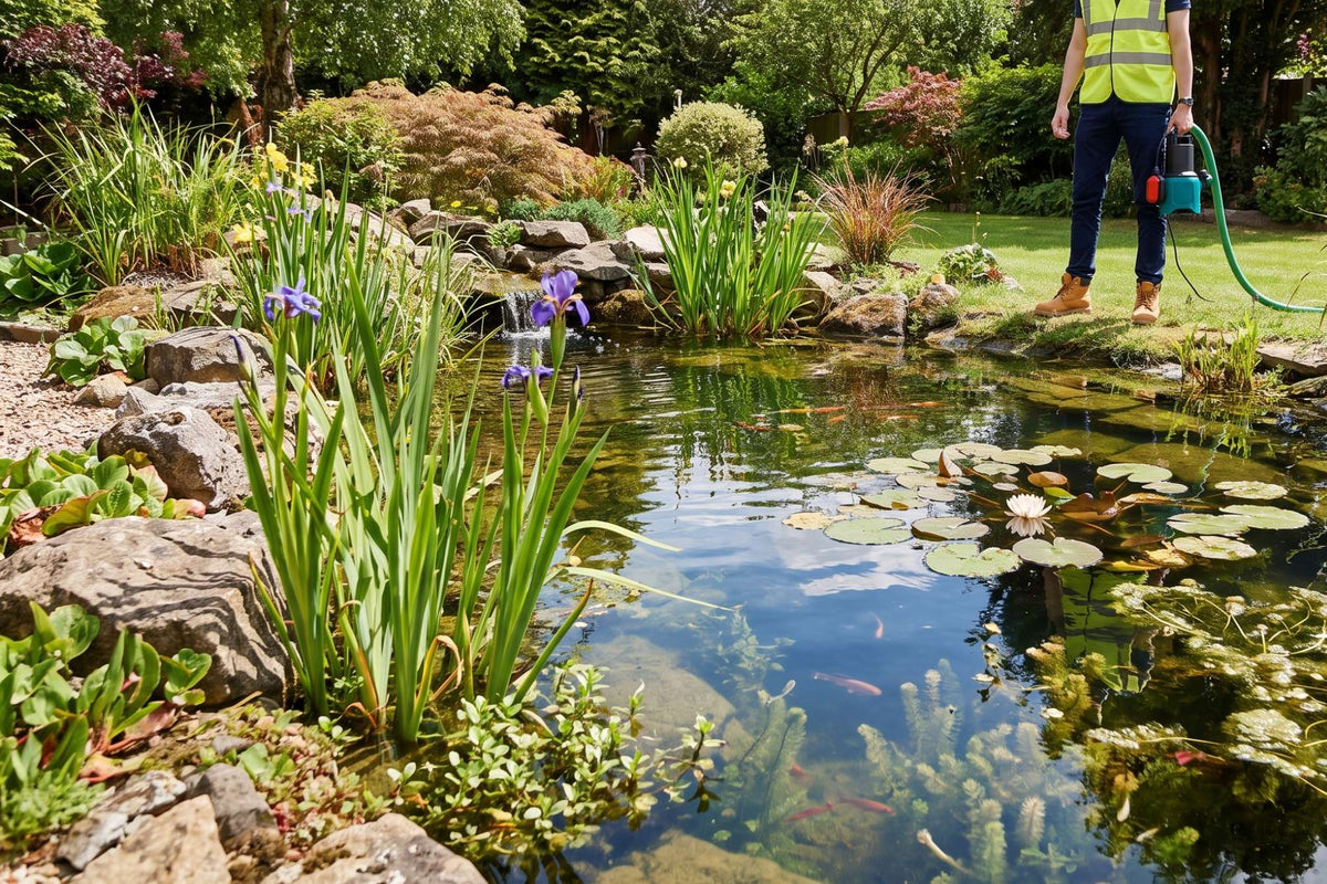 Man holding APP TPS Green Pond Pump next to a pond with wildlife and planting
