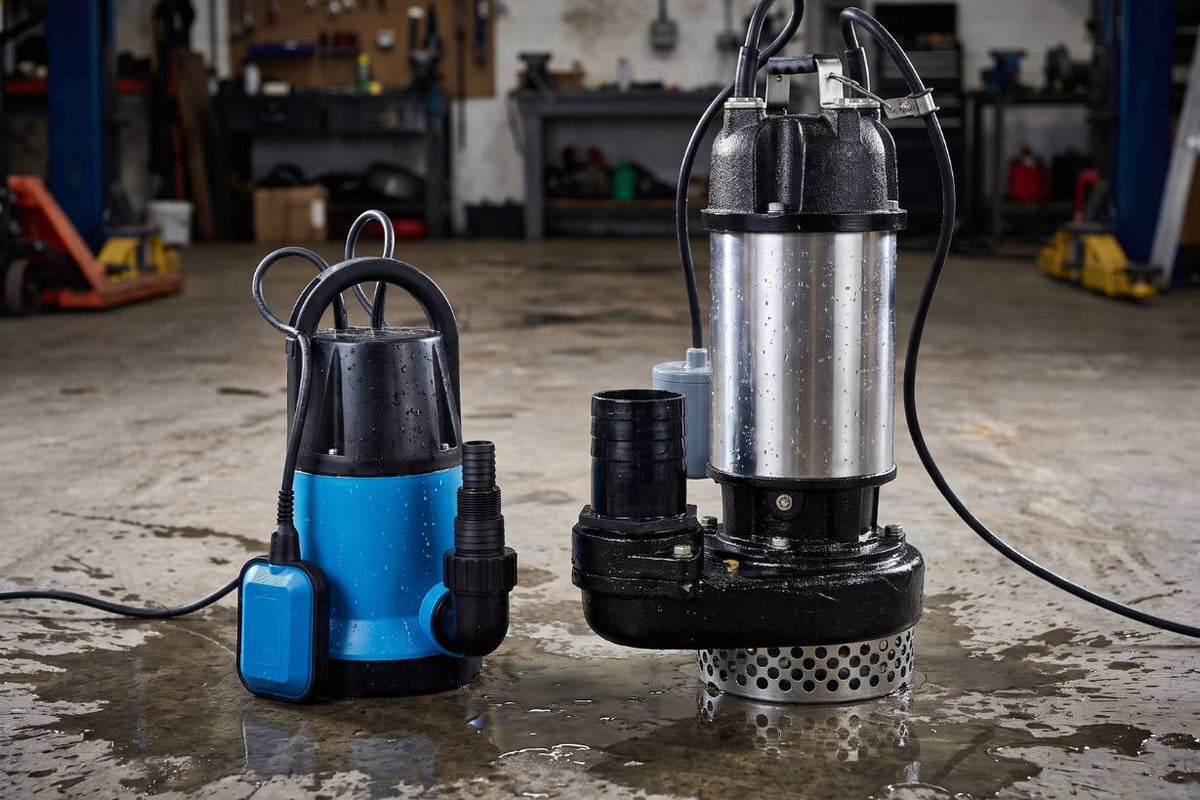 Size comparison of 2 submersible pumps in a warehouse