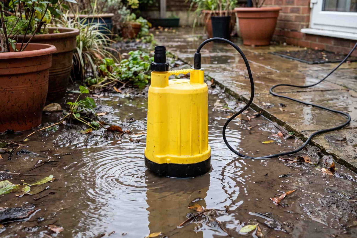 Yellow Flood Pump on patio