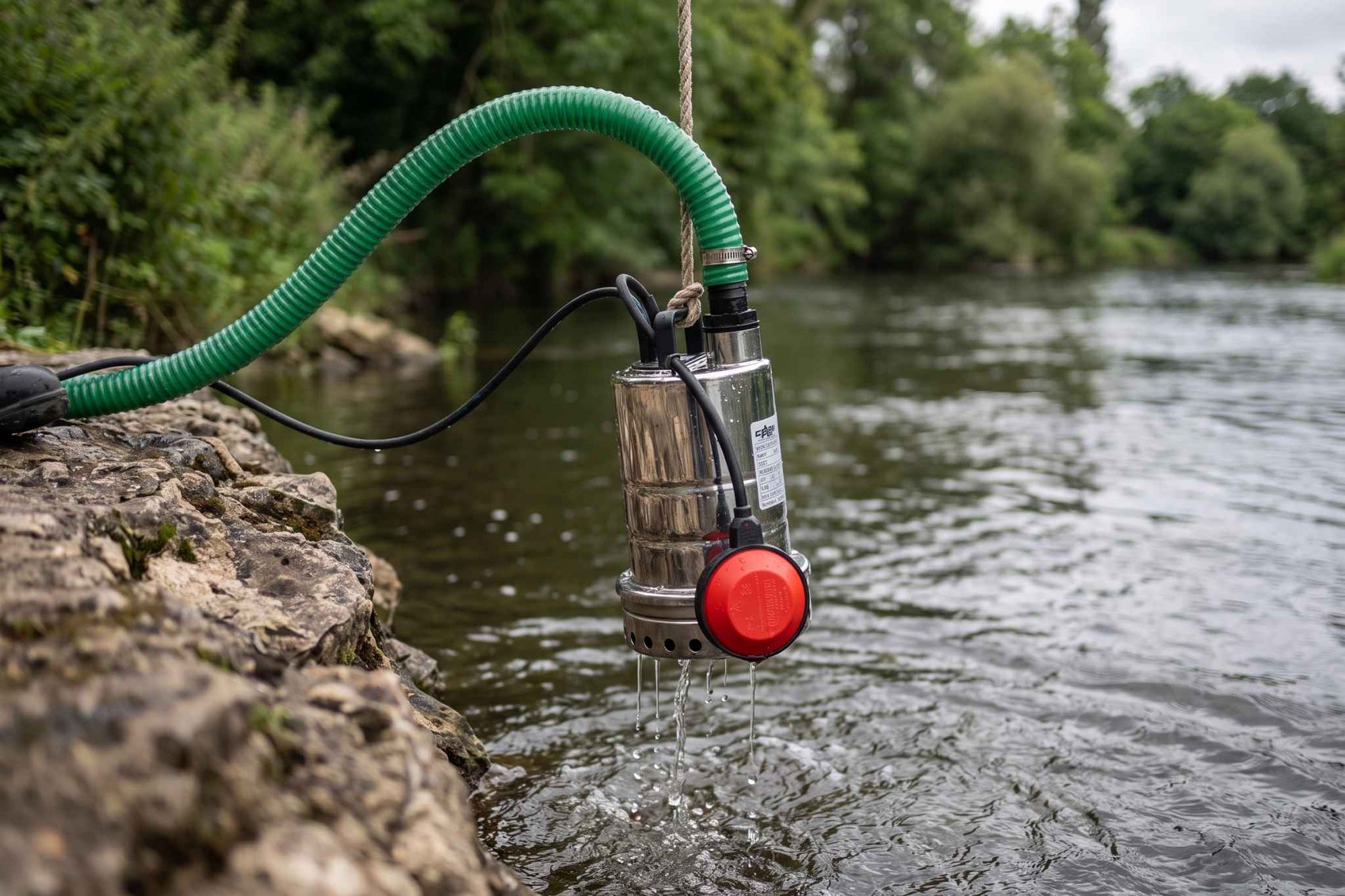 Mizar Pump in river with green suction delivery hose