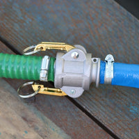 25mm cam coupling connecting a suction and delivery hose and a layflat hose