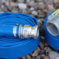 25mm cam adapter with hose tail attached to a blue layfalt hose