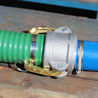 50mm cam coupling connecting a green heavy duty hose and blue layflat hose.