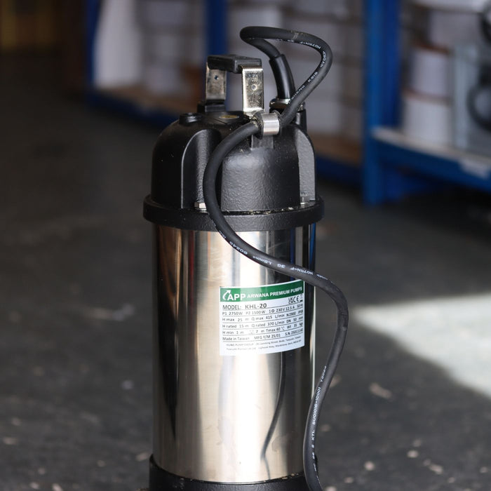 APP KHL submersible water pump close up with technical label 