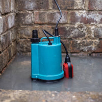 APP BPS100A automatic float switch puddle pump in chamber in body of water next to brick wall
