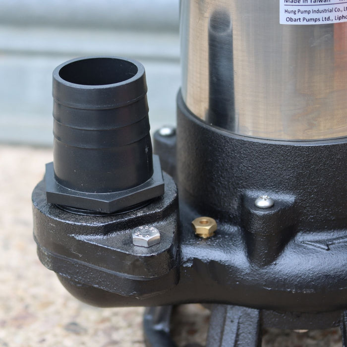 Close up of 80mm hose tail on heavy duty sewage pump