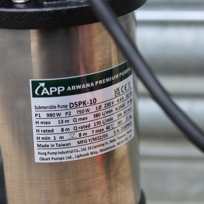 APP DSPK sewage pump with technical label on a blurred background