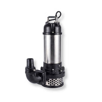 A submersible sewage pump with a stainless steel cylinder and black plastic components, including an elbow pipe connection and a carrying handle, shown on a white background.