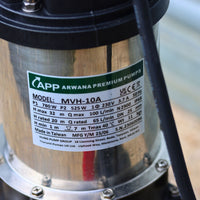 Close up of APP MVH-10 well pump with technical spec
