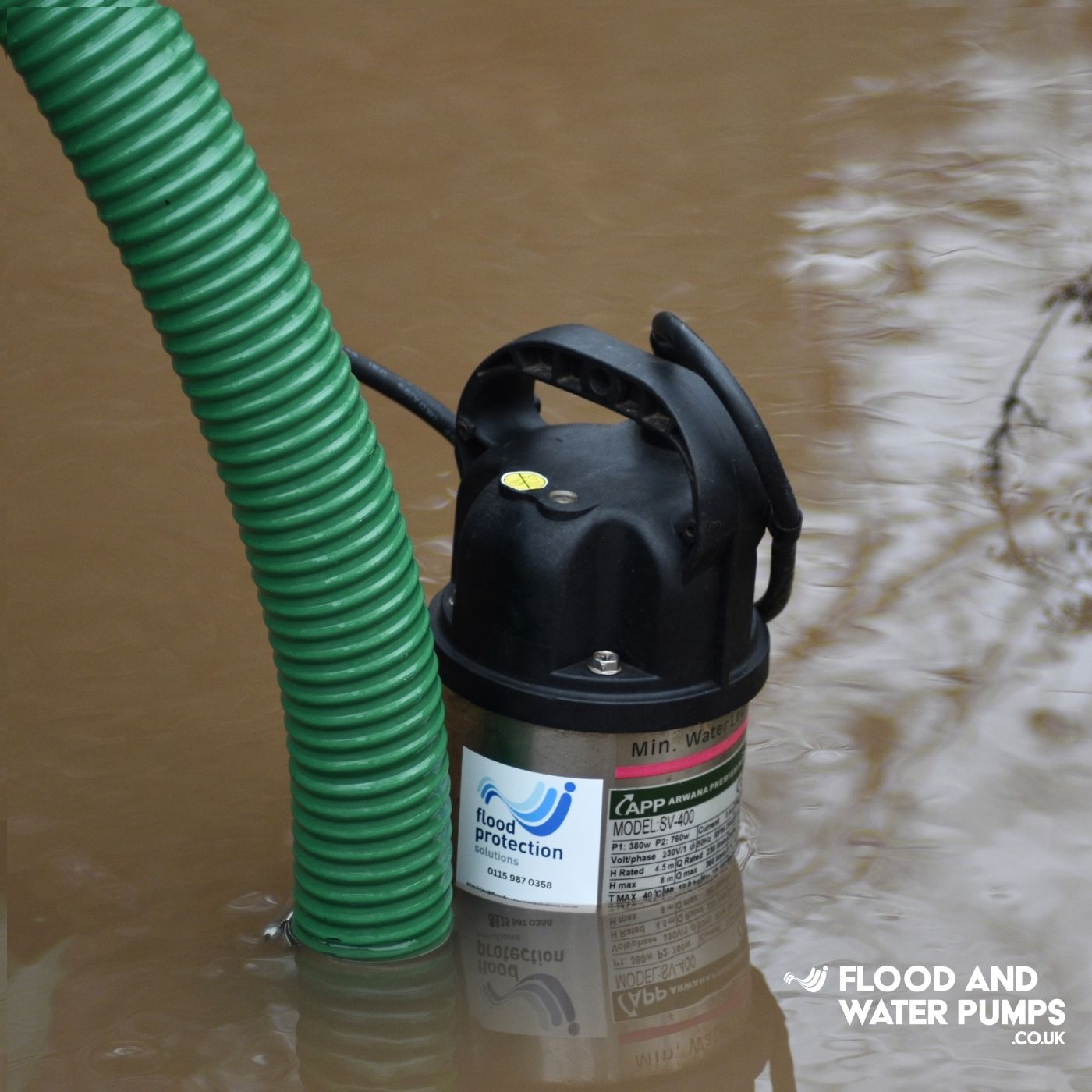APP SV sewage pump with 50mm suction hose in dirty flood water