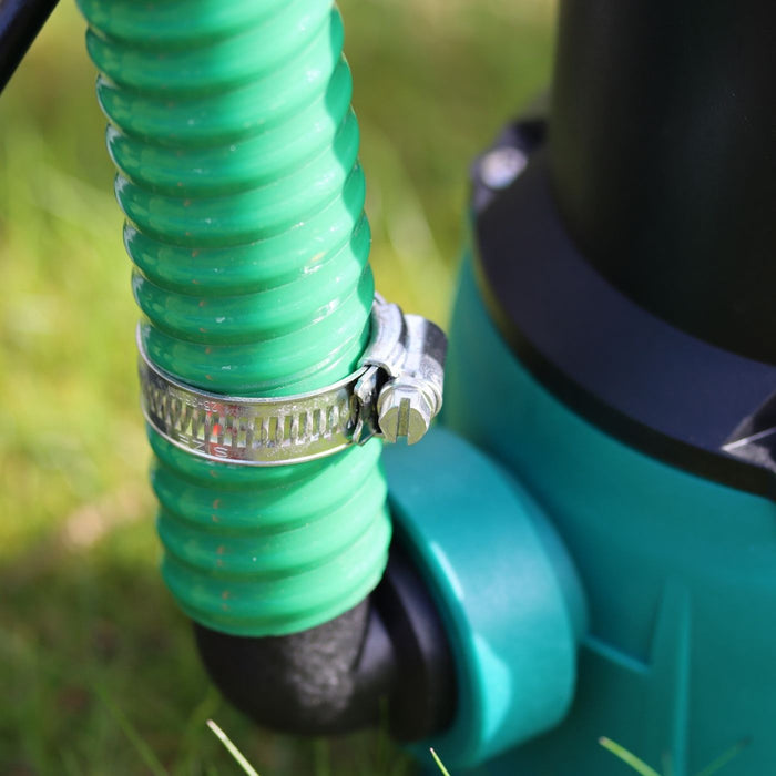 Close up of 25mm suction delivery hose and hose clip on TPS submersible pond pump