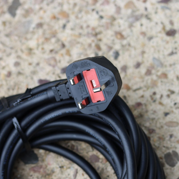 close up of water pump 230V household plug and black power cable 