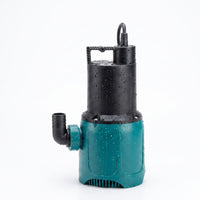 A submersible water pump with a black motor housing and a teal-green plastic impeller housing, shown on a white background with water droplets on its surface.
