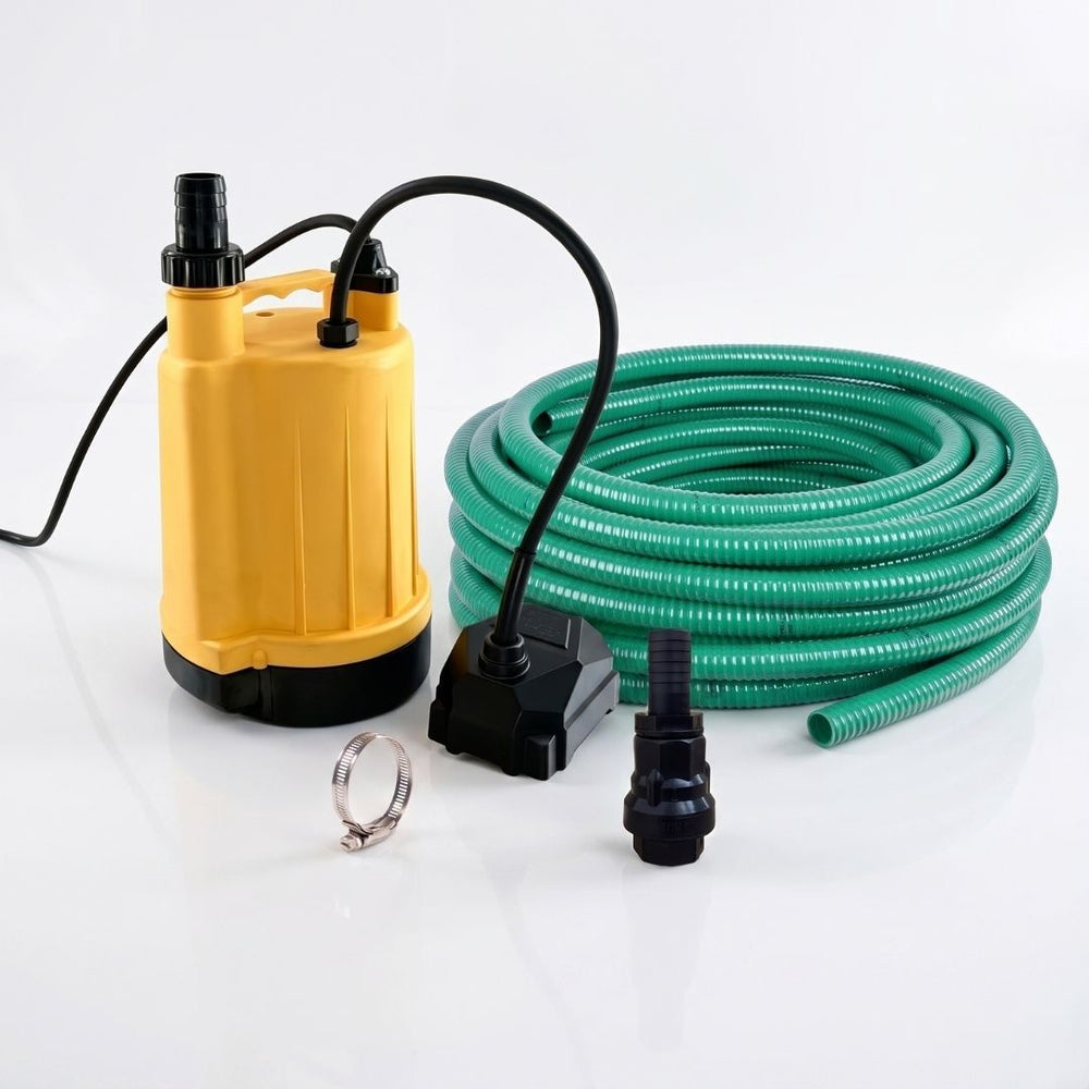Automatic puddle pump with non return valve and heavy duty hose for small floods