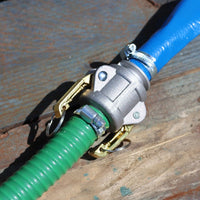 CAM adapter and coupling attached to suction and delivery and layflat hose with hose clips
