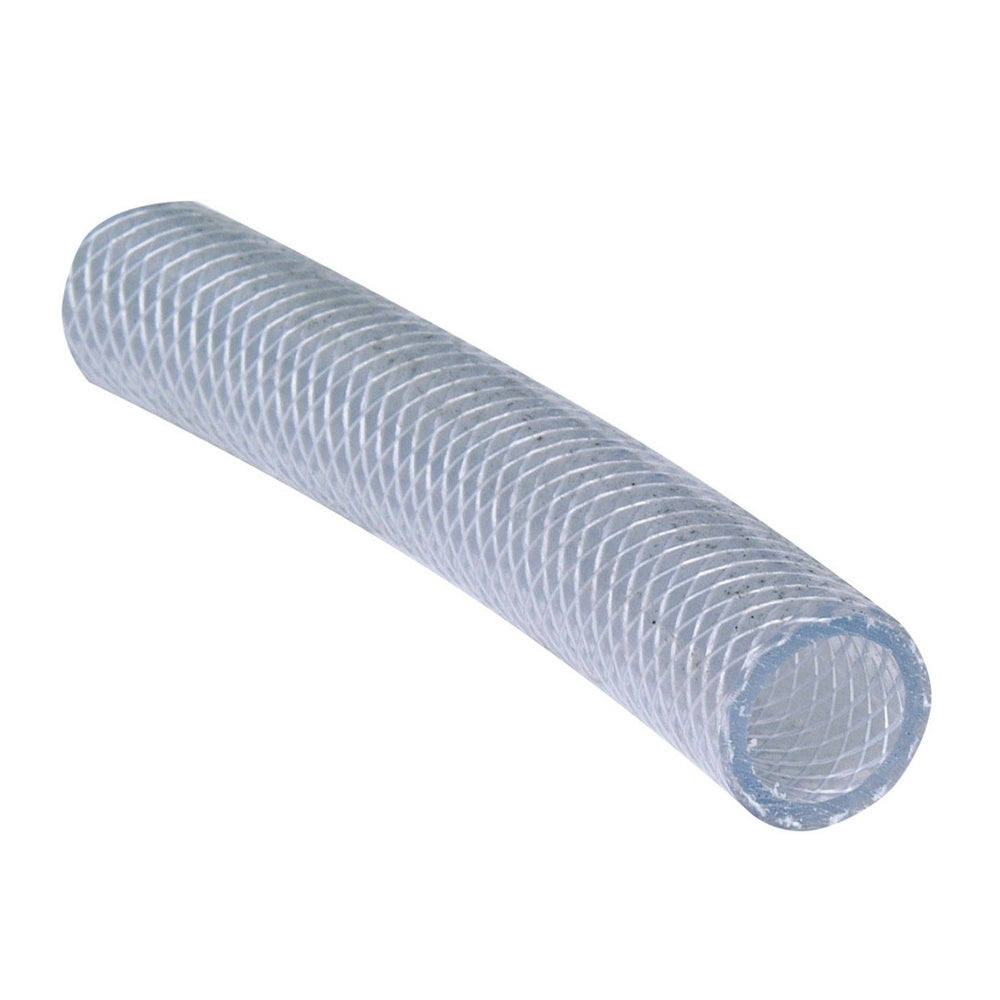 A flexible braided suction hose made of reinforced clear PVC.