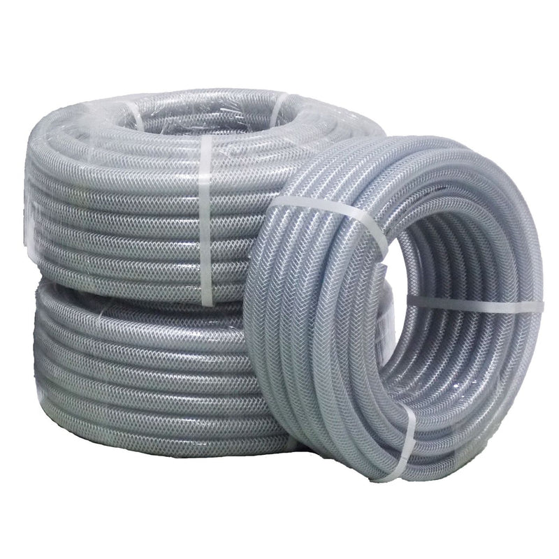Three coiled rolls of translucent clear flexible braided hose pipe