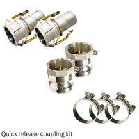 Quick release coupling kit with metal components on a white background