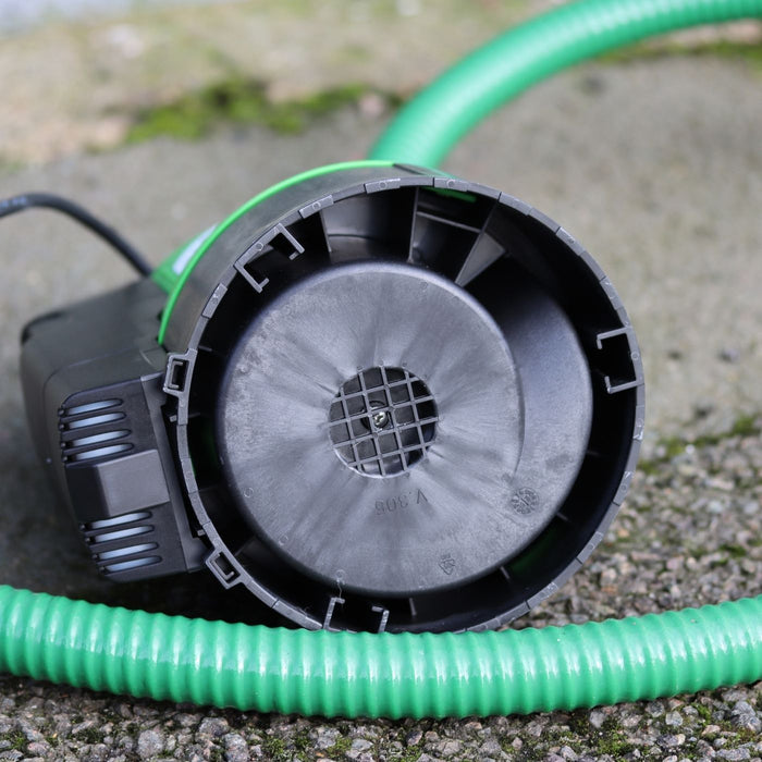close up of bottom of EGO GI LS puddle pump, suction deliver hose attached 
