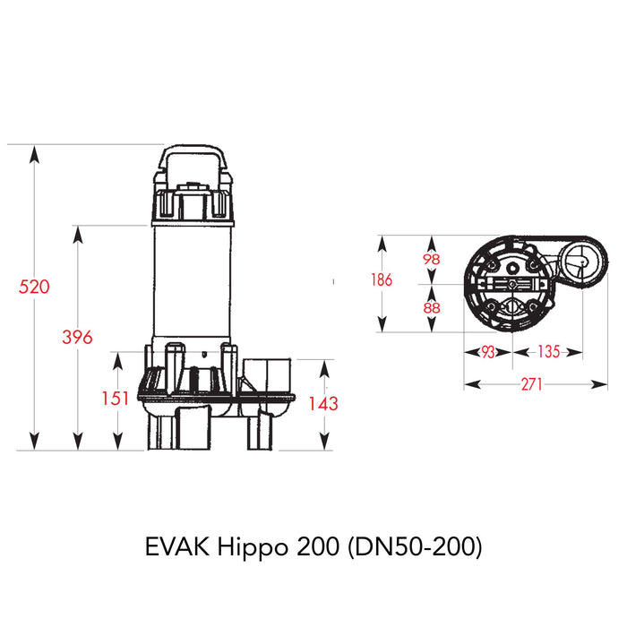 Evak Hippo 200 Sewage Pump (15m Head Lift, 50mm Outlet) DN50-200