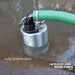 Flood pump fully submersed in water with suction delivery hose in green attached
