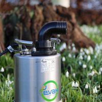 Evak residox puddle pump with a elbow hose tail with blurred background