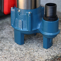 close up of sewage pump base with 50mm hose tail and red automatic switch 