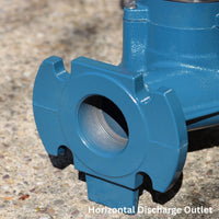 close up of blue horizontal discharge for heavy duty sewage water pump