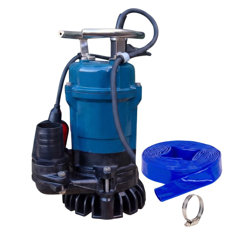 Evak Trenchman submersible contractor pump with a coiled blue layflat hose and a metal clamp on a white background.