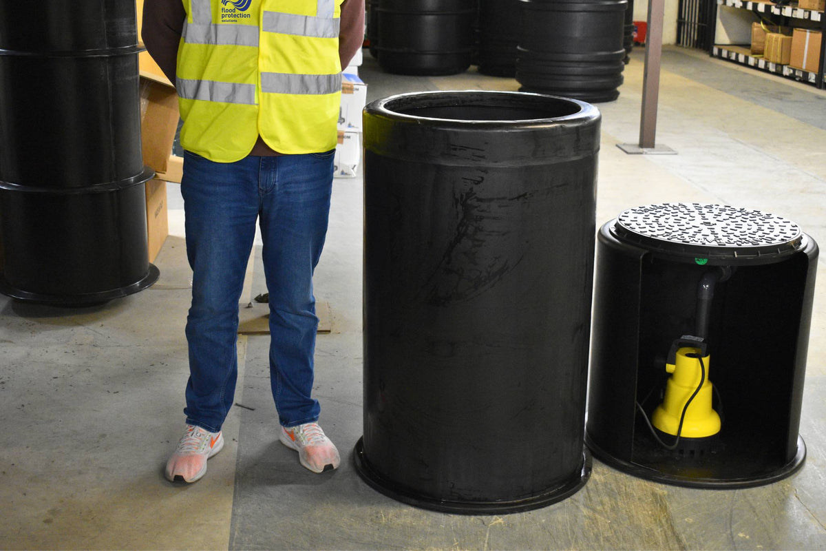 Sump pump tanks in warehouse