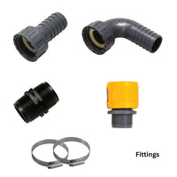 A set of plumbing fittings on a white background, including two black threaded connectors, a gray elbow joint, a yellow and gray connector, and two metal hose clamps. The text 'Fittings' is printed in the bottom right corner.