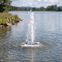 A floating Tree Pump in use in a lake creating a water fountain