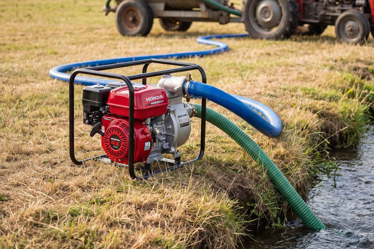 Honda WB30 petrol water pump drawing from a river