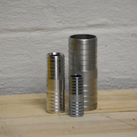 Three metal hose joiners 25mm, 32mm and 50mm