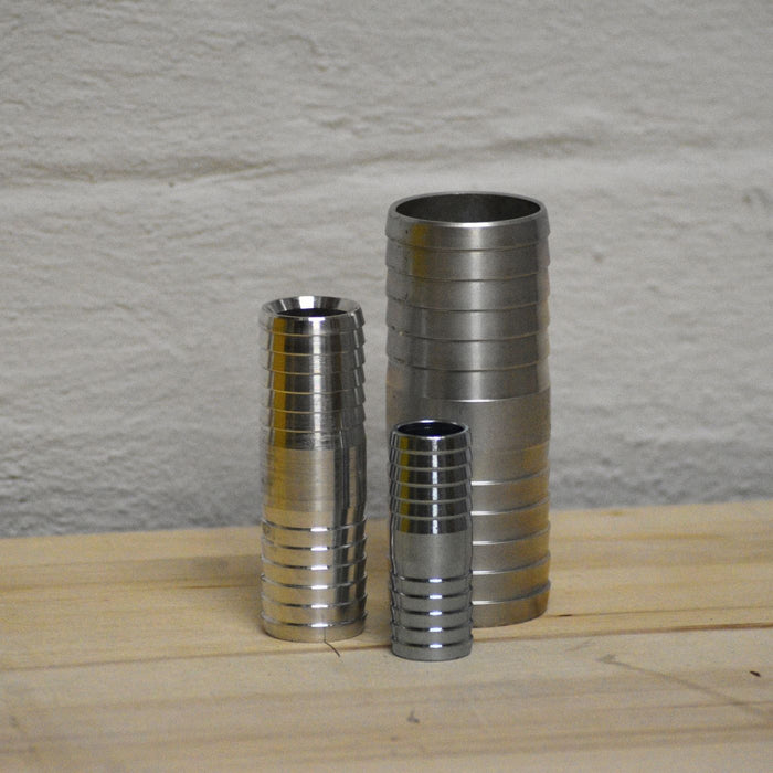 Three metal hose joiners 25mm, 32mm and 50mm