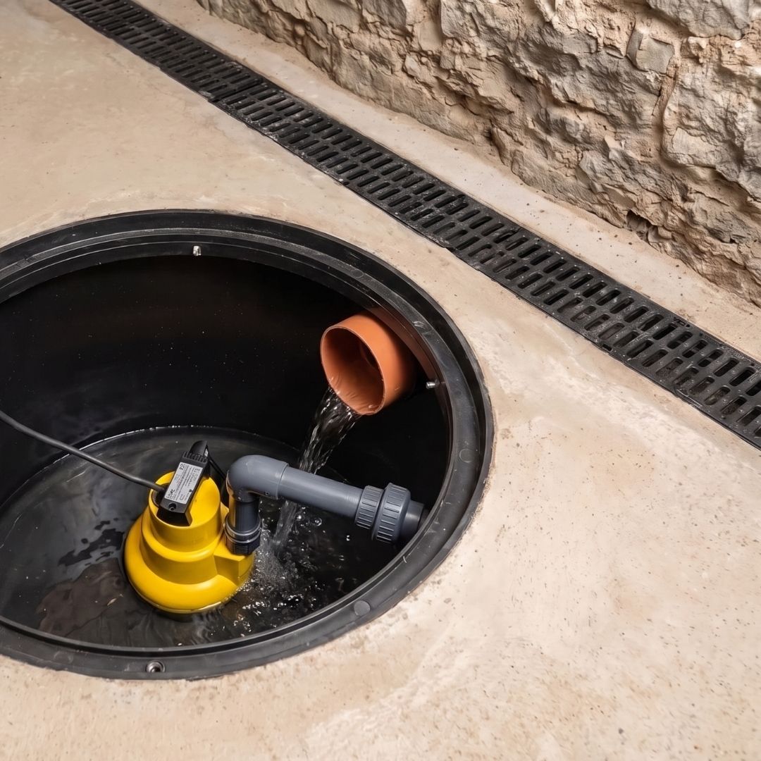 Image shows Iguazu 635 Packaged Pump Station installed into cellar floor with channel drain.