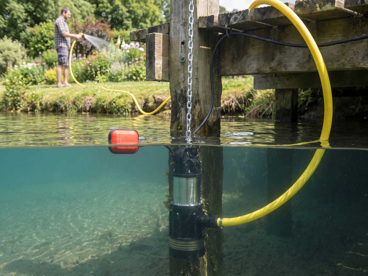 Submersible water pump being used for garden irrigation attached to a jetty in a river