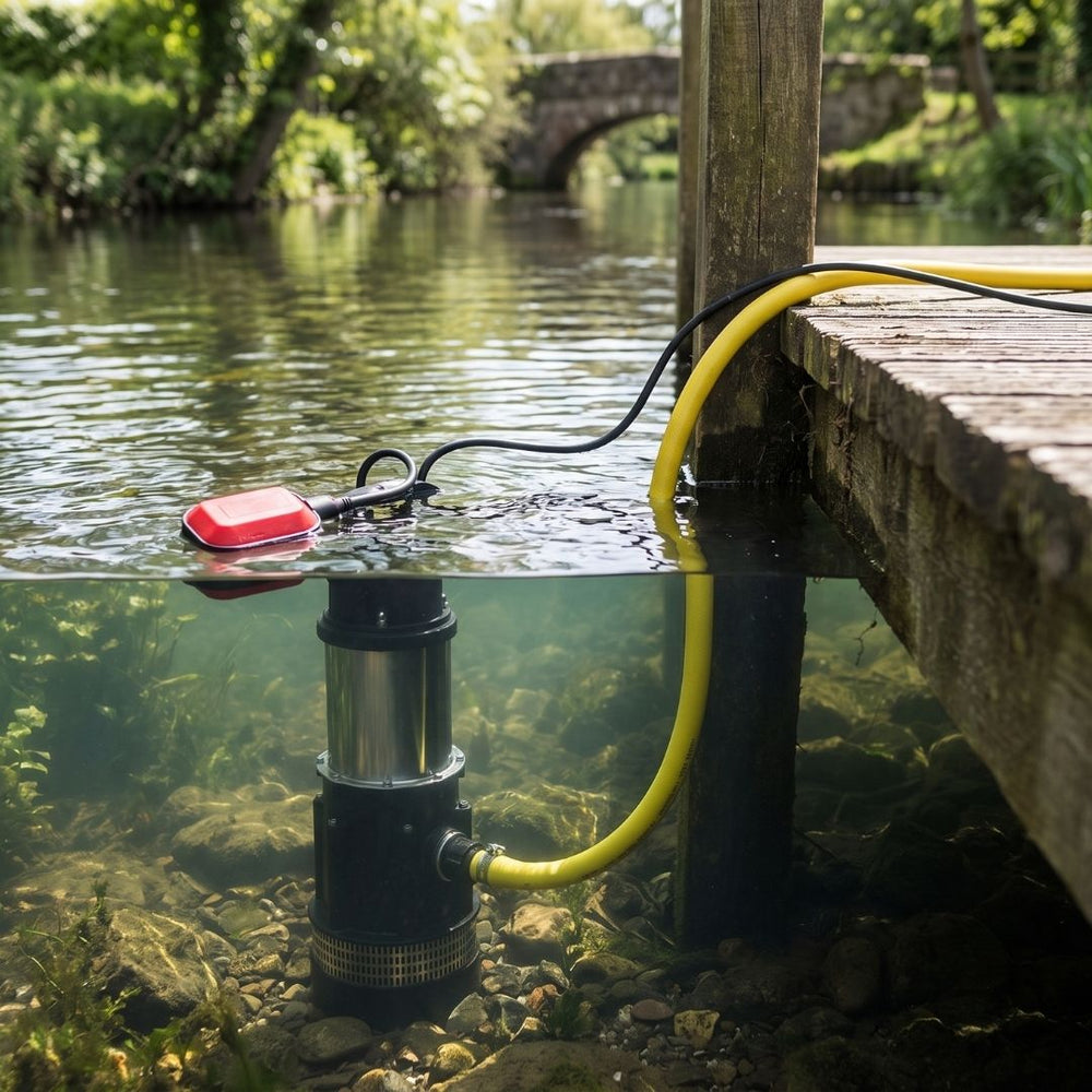 a pump placed in a clean river to power a garden sprinkler for irrigation