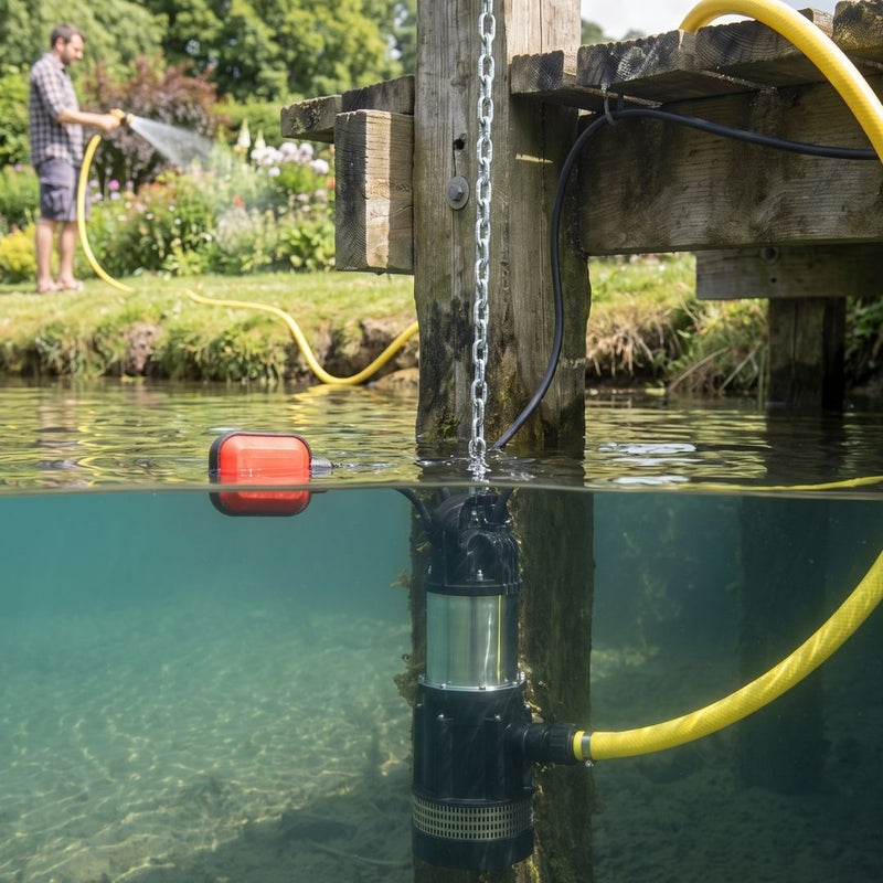 A submersible water pump being used for irrigation attached to a hose pipe and submersed in a river