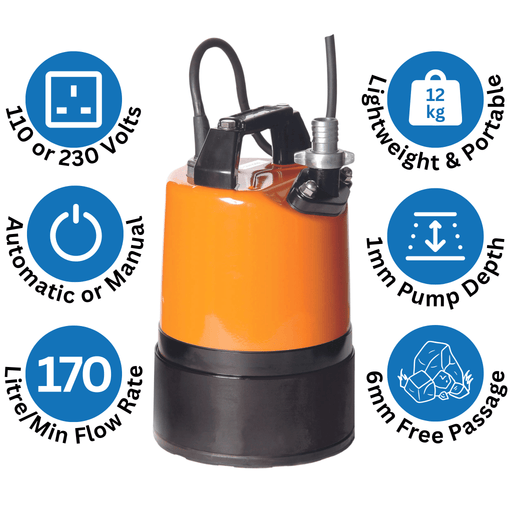 Orange Tsurumi LSC1.4S puddle pump infographic