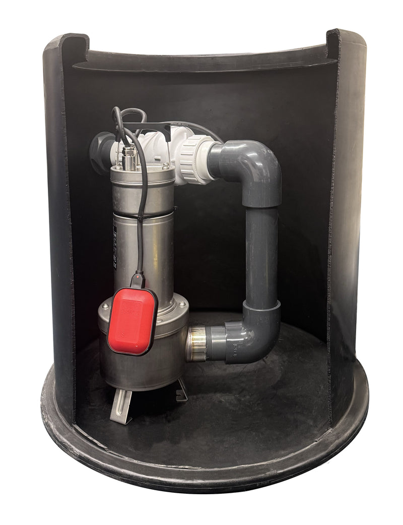 Iguazu Packaged Pump Station pictured with stainless steel sewage pump and float switch for automatic operation