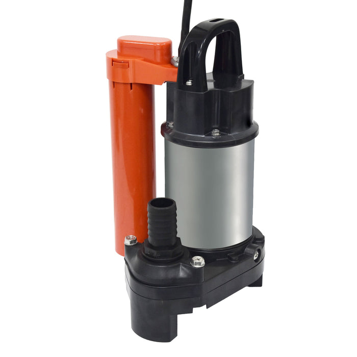 Submersible water pump with orange and black components on a white background