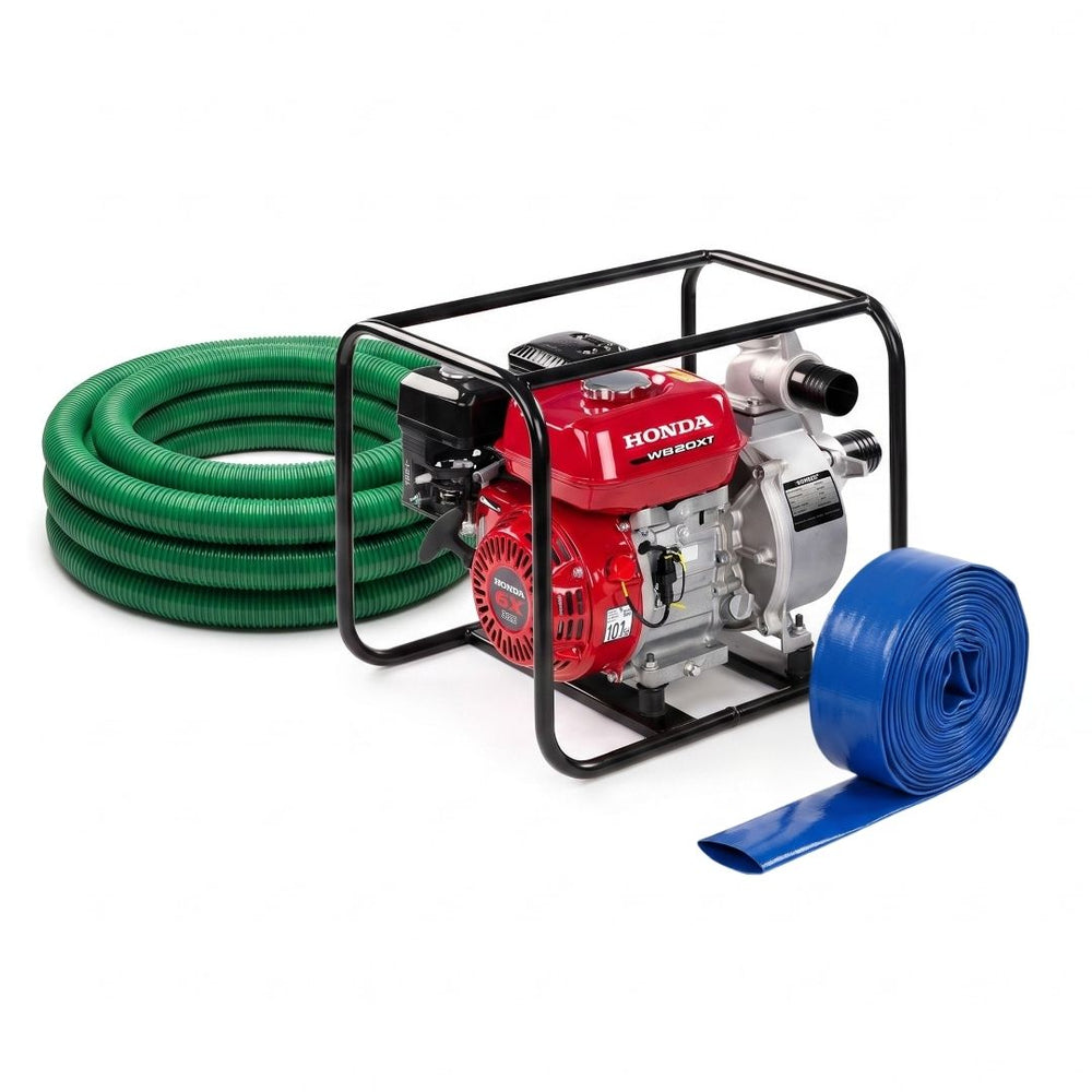 Honda WD20XT portable water pump kit with a red engine, black metal frame, green hose, and blue flexible supply line on a white background.