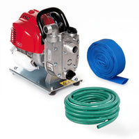 Honda petrol driven water transfer pump kit with a layflat hose, suction and delivery hose on a white background.