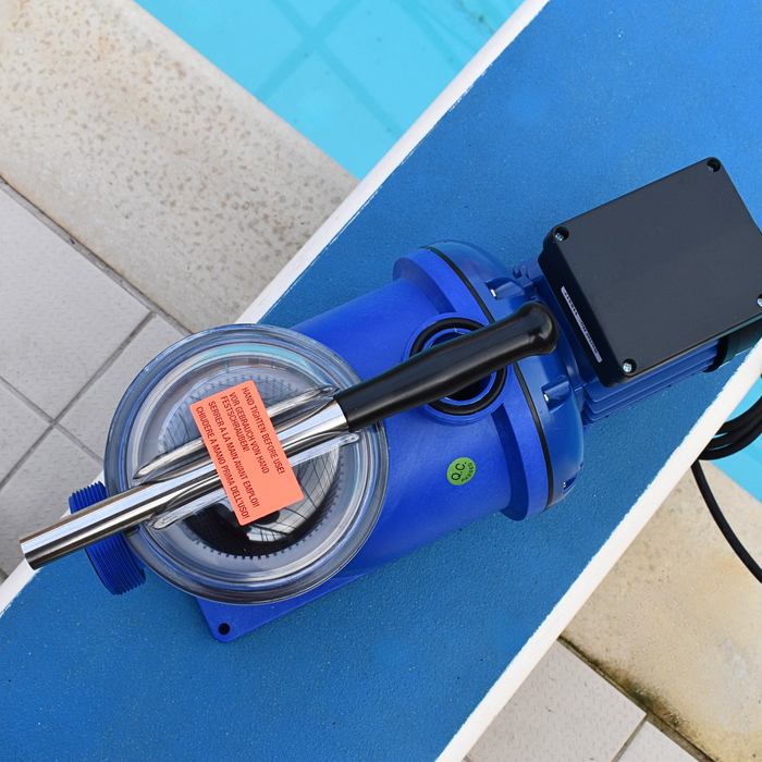 above shot of plastica pool pump on diving board