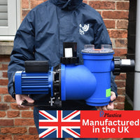Person holding the Plastica Argonaut Swimming Pool Pump with maufactured in the UK banner