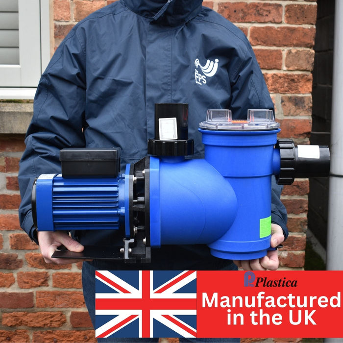 Person holding the Plastica Argonaut Swimming Pool Pump with maufactured in the UK banner